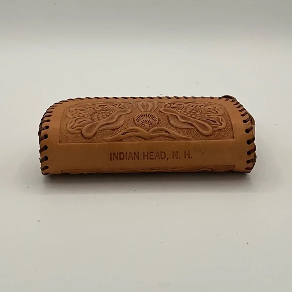 Vtg Cowhide Tooled Leather Coin Purse Wallet handmade Floral Indian Head NH - Picture 2 of 8